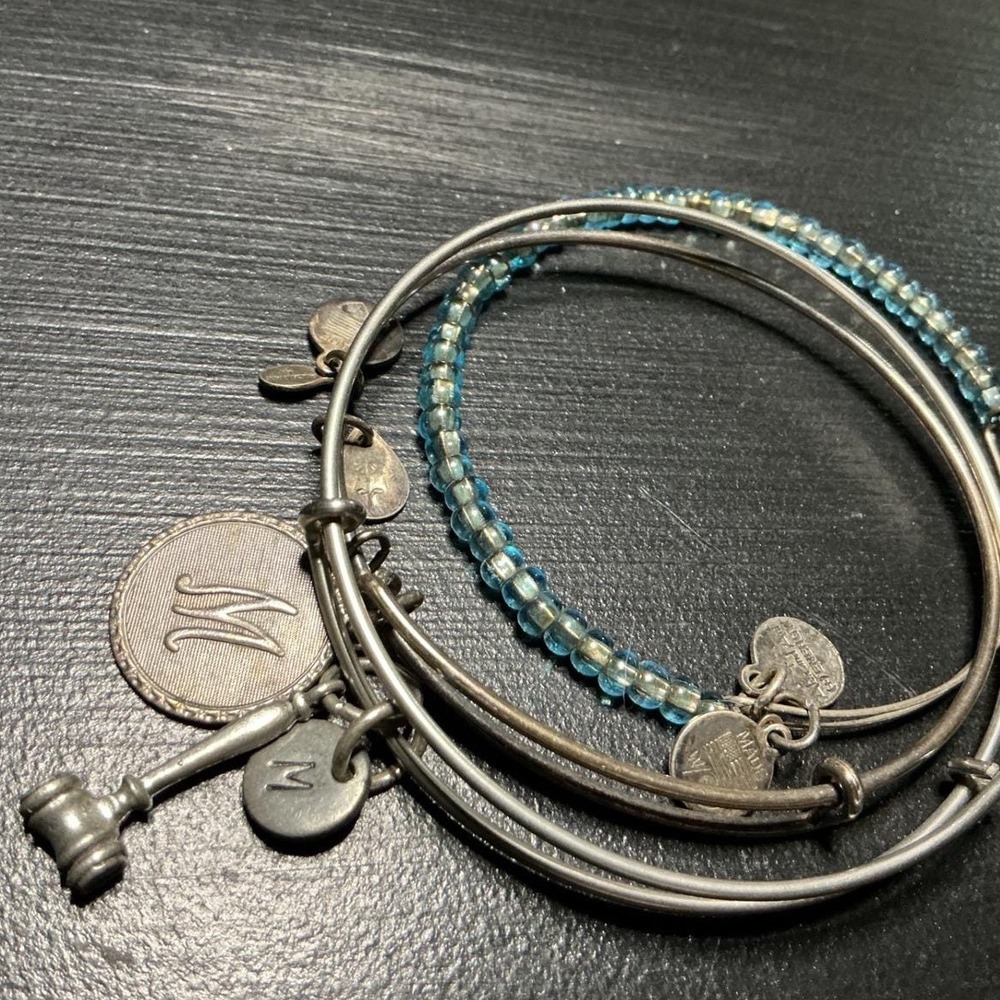Alex and Ani Initial M Gavel Blue Beaded Bangle Bracelet Set Rafaelian Silver